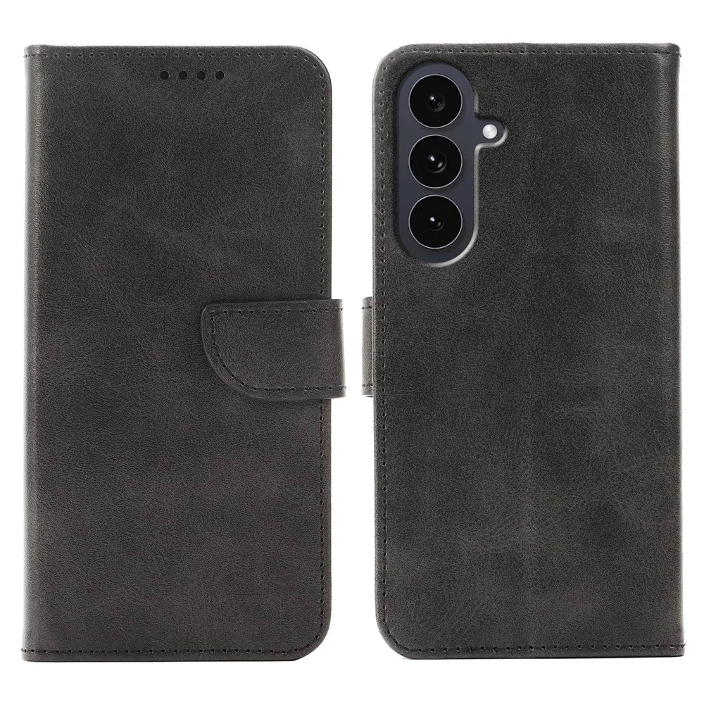 For Samsung Galaxy S26 Case Wallet Stand Magnetic Clasp Closure Calf Texture Leather Phone Cover - Black - 1