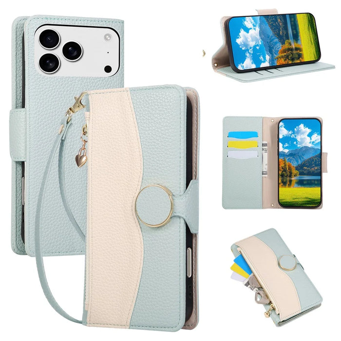 For iPhone 18 Pro Max / 17 Pro Max Case Zipper Wallet Color Splicing TPU PU Leather Flip Phone Cover with Strap - Green - 1