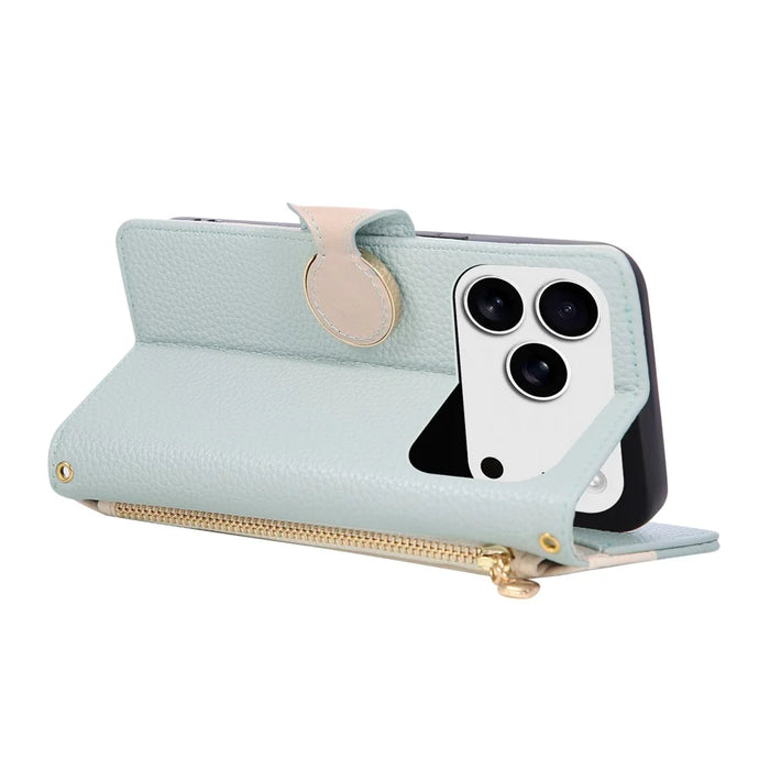 For iPhone 18 Pro Max / 17 Pro Max Case Zipper Wallet Color Splicing TPU PU Leather Flip Phone Cover with Strap - Green - 4