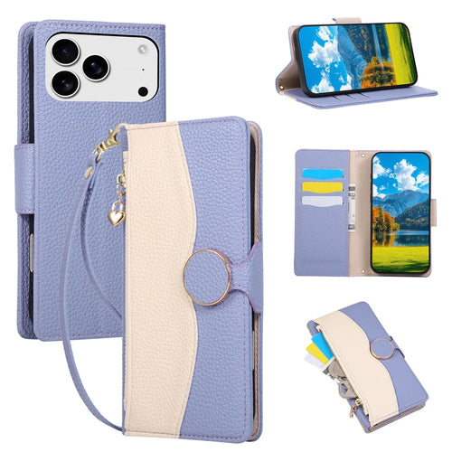 For iPhone 18 Pro / 17 Pro Case Zipper Wallet Color Splicing TPU PU Leather Flip Phone Cover with Strap - Purple - 1