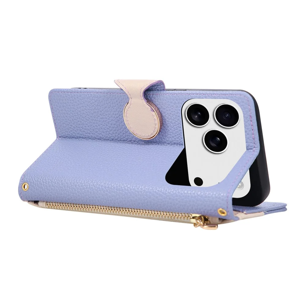 For iPhone 18 Pro / 17 Pro Case Zipper Wallet Color Splicing TPU PU Leather Flip Phone Cover with Strap - Purple - 4
