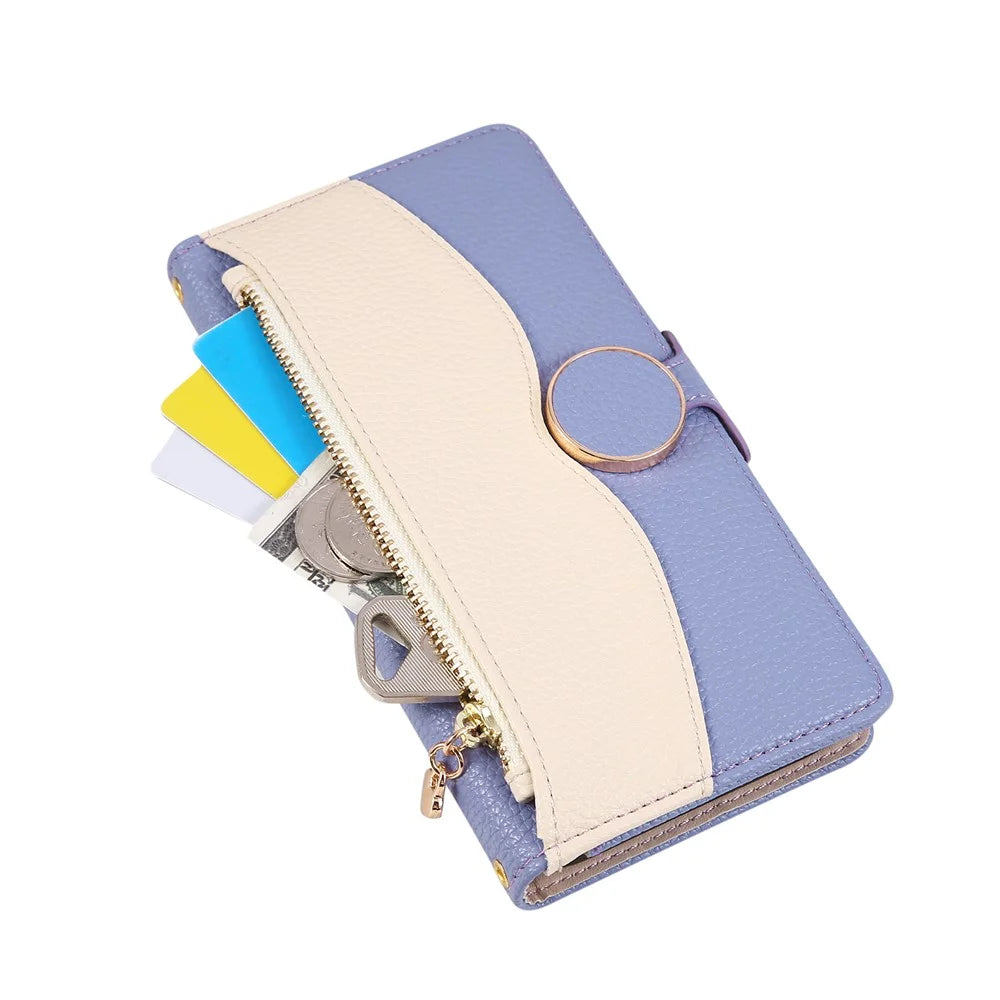 For iPhone 18 Pro / 17 Pro Case Zipper Wallet Color Splicing TPU PU Leather Flip Phone Cover with Strap - Purple - 5