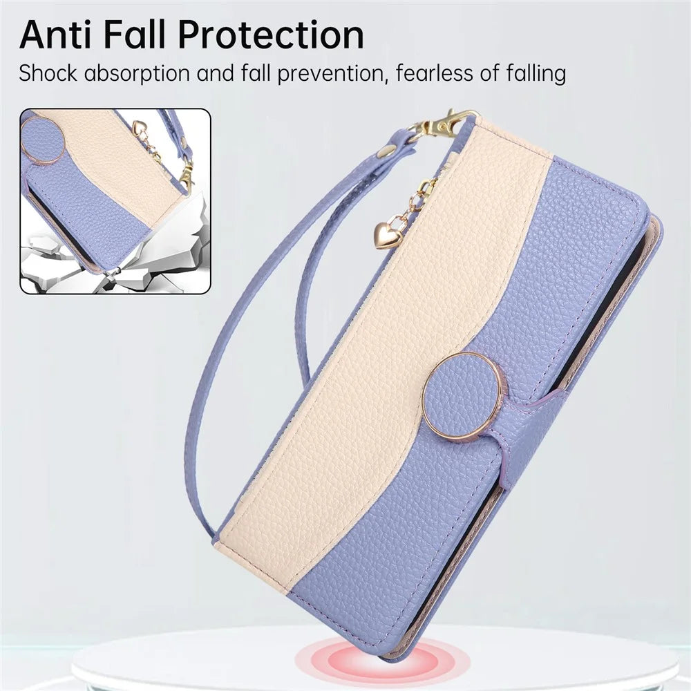 For iPhone 18 Pro / 17 Pro Case Zipper Wallet Color Splicing TPU PU Leather Flip Phone Cover with Strap - Purple - 7