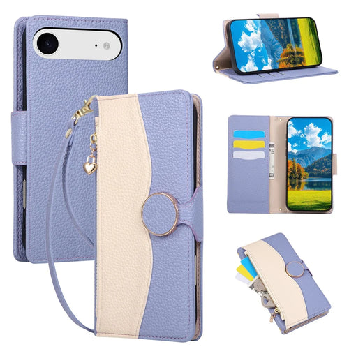 For iPhone Air Case Zipper Wallet Color Splicing TPU PU Leather Flip Phone Cover with Strap - Purple - 1