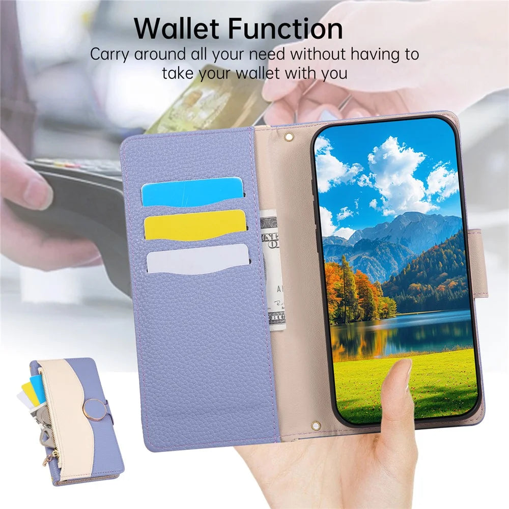 For iPhone Air Case Zipper Wallet Color Splicing TPU PU Leather Flip Phone Cover with Strap - Purple - 6