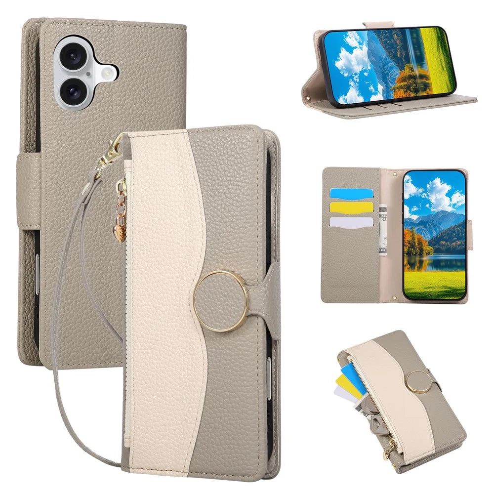 For iPhone 17 Case Zipper Wallet Color Splicing TPU PU Leather Flip Phone Cover with Strap - Grey - 1