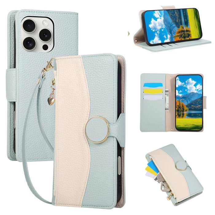 For iPhone 16 Pro Max Case Zipper Wallet Color Splicing TPU PU Leather Flip Phone Cover with Strap - Green - 1