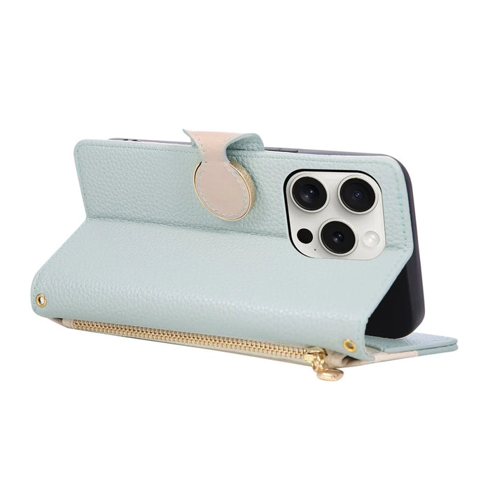 For iPhone 16 Pro Max Case Zipper Wallet Color Splicing TPU PU Leather Flip Phone Cover with Strap - Green - 4