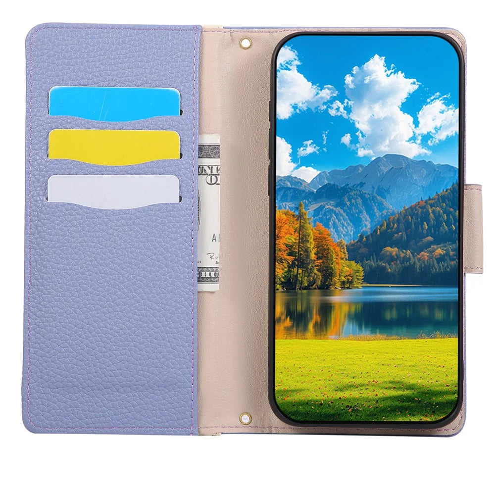 For iPhone 16 Pro Case Zipper Wallet Color Splicing TPU PU Leather Flip Phone Cover with Strap  - Purple - 3