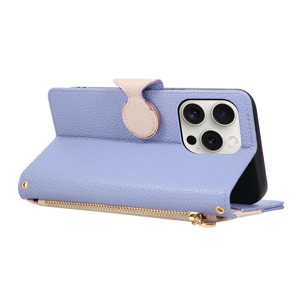 For iPhone 16 Pro Case Zipper Wallet Color Splicing TPU PU Leather Flip Phone Cover with Strap  - Purple - 4