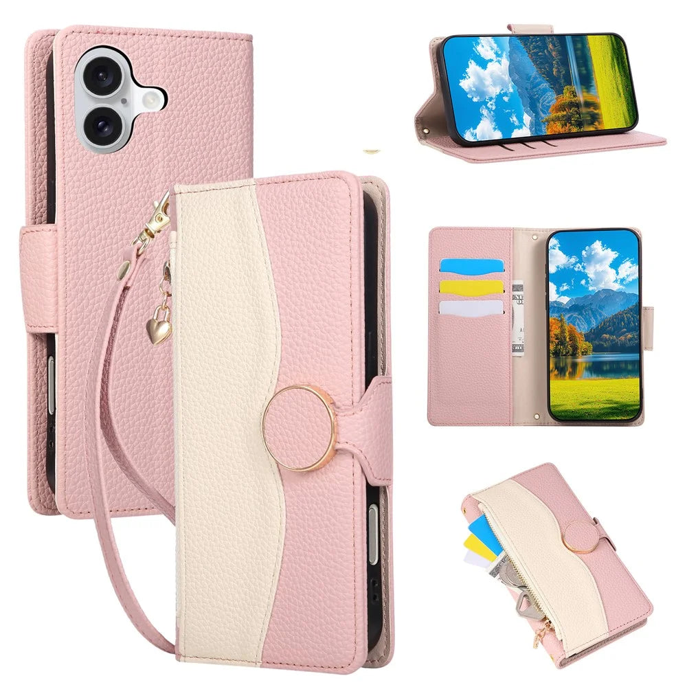 For iPhone 16 Case Zipper Wallet Color Splicing TPU PU Leather Flip Phone Cover with Strap - Pink - 1