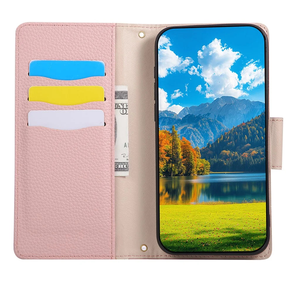 For iPhone 16 Case Zipper Wallet Color Splicing TPU PU Leather Flip Phone Cover with Strap - Pink - 3