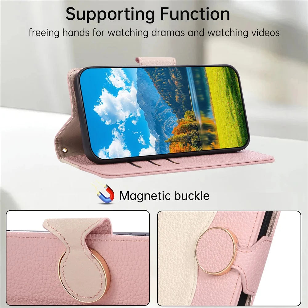 For iPhone 16 Case Zipper Wallet Color Splicing TPU PU Leather Flip Phone Cover with Strap - Pink - 7
