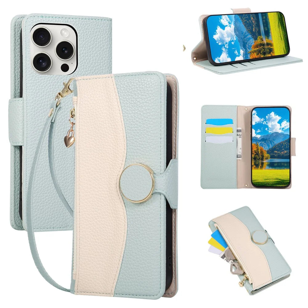 For iPhone 15 Pro Max Case Zipper Wallet Color Splicing TPU PU Leather Flip Phone Cover with Strap - Green - 1