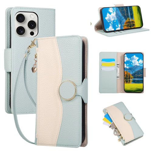 For iPhone 15 Pro Max Case Zipper Wallet Color Splicing TPU PU Leather Flip Phone Cover with Strap - Green - 1