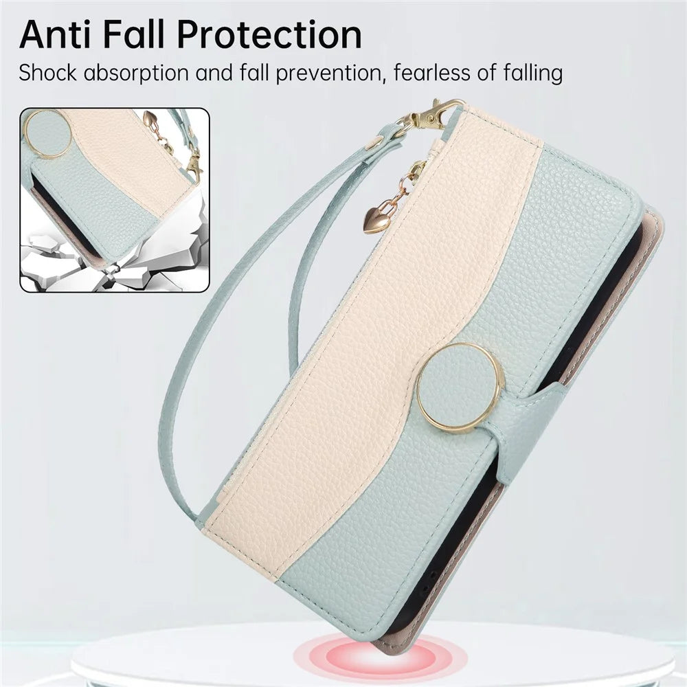 For iPhone 15 Pro Max Case Zipper Wallet Color Splicing TPU PU Leather Flip Phone Cover with Strap - Green - 7