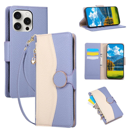 For iPhone 15 Pro Case Zipper Wallet Color Splicing TPU PU Leather Flip Phone Cover with Strap - Purple - 1