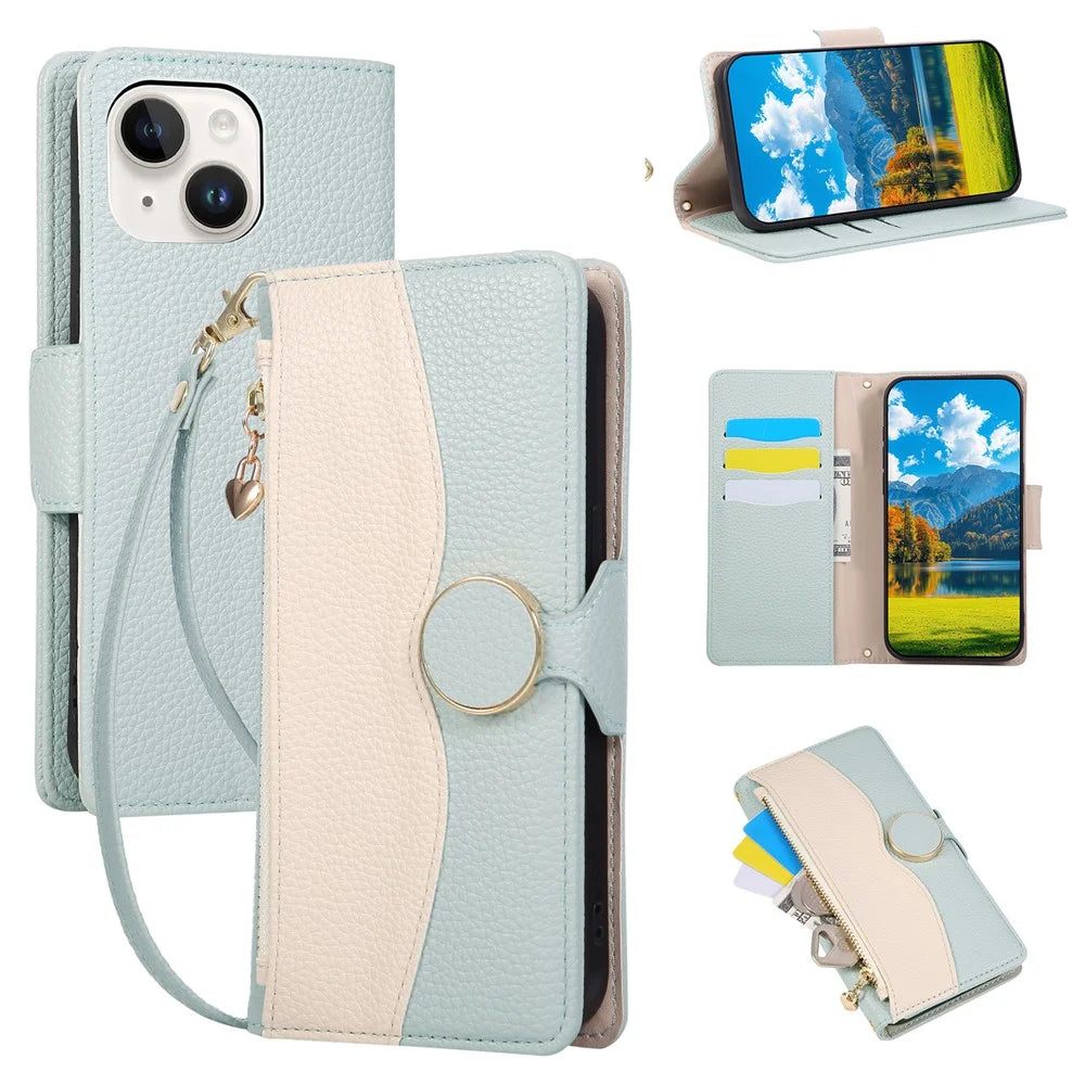 For iPhone 15 Case Zipper Wallet Color Splicing TPU PU Leather Flip Phone Cover with Strap - Green - 1