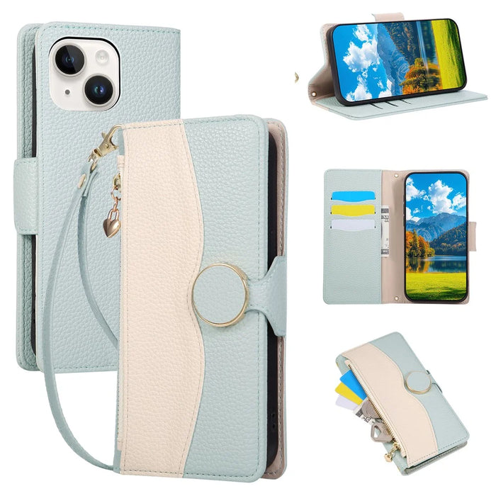 For iPhone 15 Case Zipper Wallet Color Splicing TPU PU Leather Flip Phone Cover with Strap - Green - 1