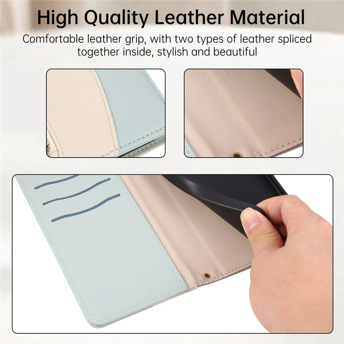 For iPhone 15 Case Zipper Wallet Color Splicing TPU PU Leather Flip Phone Cover with Strap - Green - 6