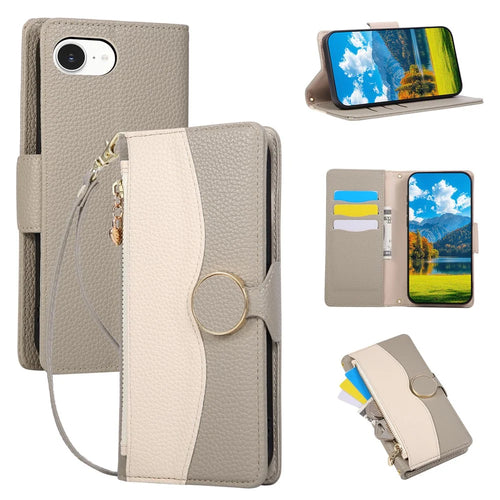 For iPhone 17e / 16e Case Zipper Wallet Color Splicing TPU PU Leather Flip Phone Cover with Strap - Grey - 1