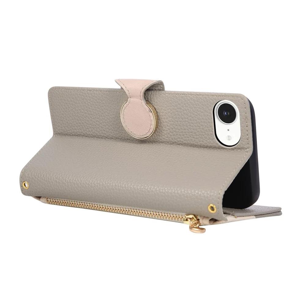 For iPhone 17e / 16e Case Zipper Wallet Color Splicing TPU PU Leather Flip Phone Cover with Strap - Grey - 4