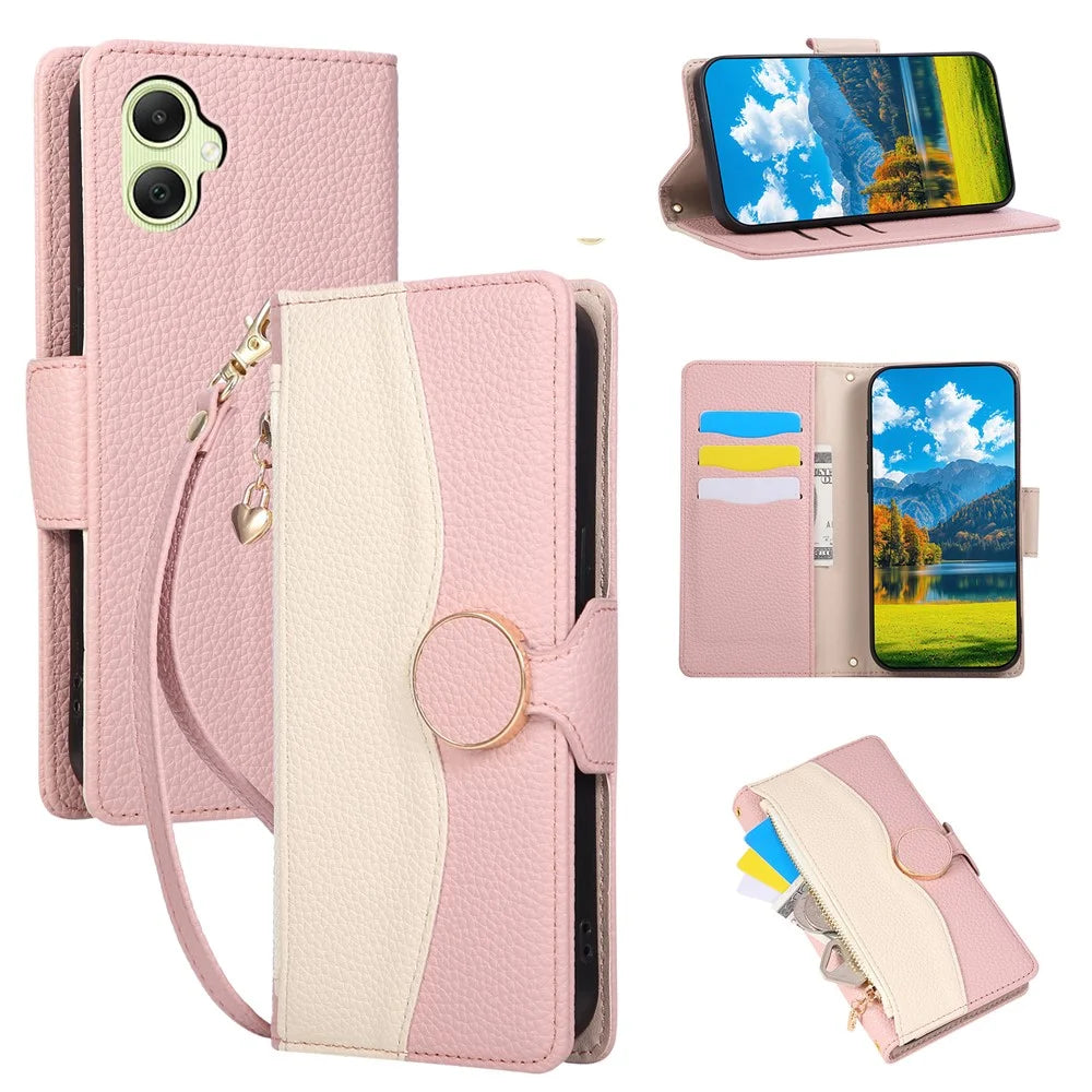 For Samsung Galaxy A08 5G / A08 4G / A07 4G Case Zipper Wallet Color Splicing TPU PU Leather Flip Phone Cover with Strap - Pink - 1