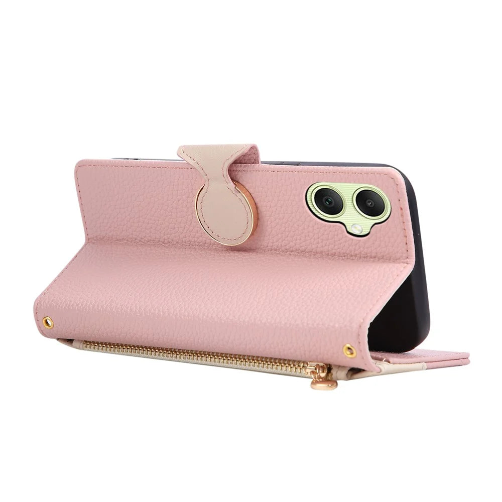 For Samsung Galaxy A08 5G / A08 4G / A07 4G Case Zipper Wallet Color Splicing TPU PU Leather Flip Phone Cover with Strap - Pink - 4