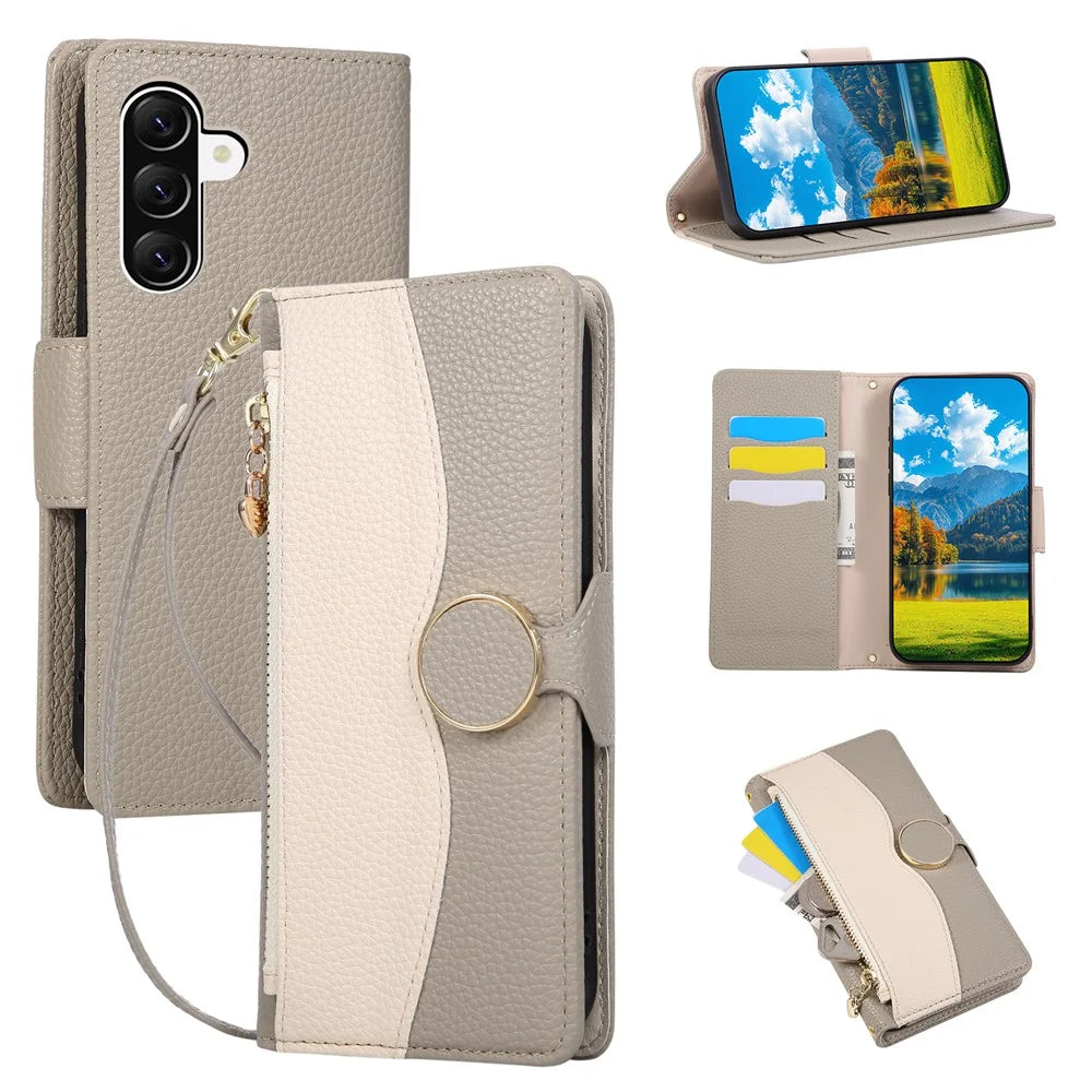 Phone Case For Samsung Galaxy A18 5G / A18 4G / A17 5G / A17 4G Zipper Wallet Color Splicing TPU PU Leather Flip Phone Cover with Strap - Grey - 1