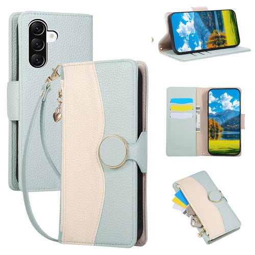 For Samsung Galaxy A36 5G Case Zipper Wallet Color Splicing TPU PU Leather Flip Phone Cover with Strap - Green - 1
