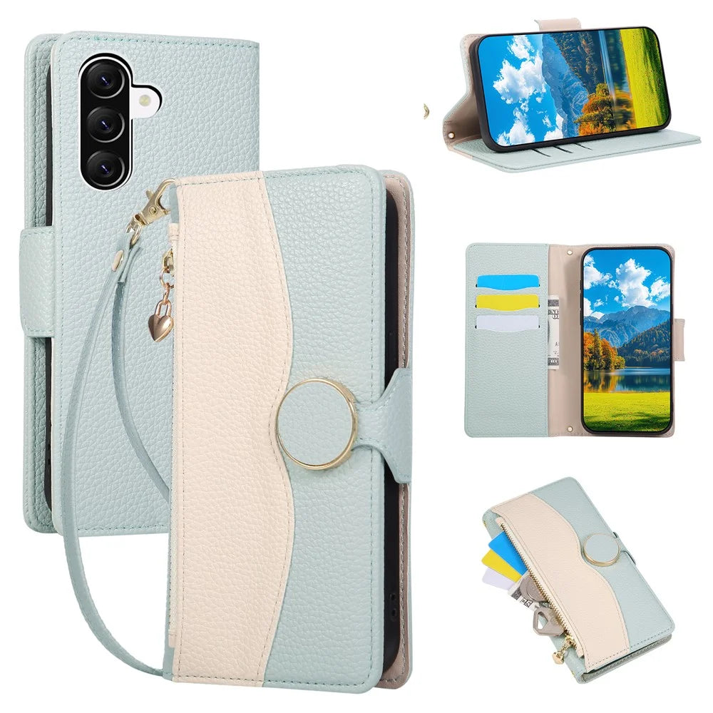 For Samsung Galaxy A36 5G Case Zipper Wallet Color Splicing TPU PU Leather Flip Phone Cover with Strap - Green - 1