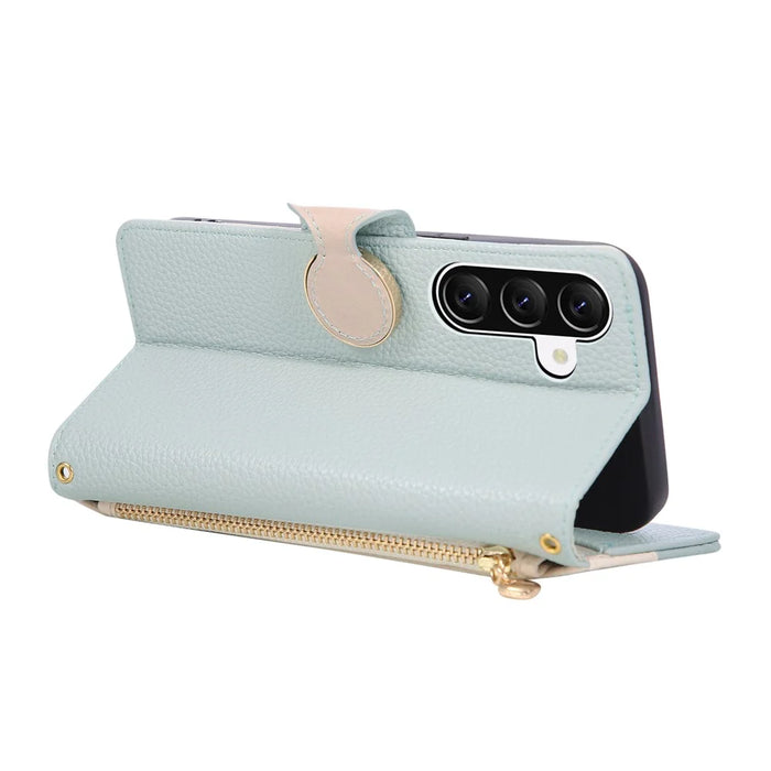 For Samsung Galaxy A36 5G Case Zipper Wallet Color Splicing TPU PU Leather Flip Phone Cover with Strap - Green - 4