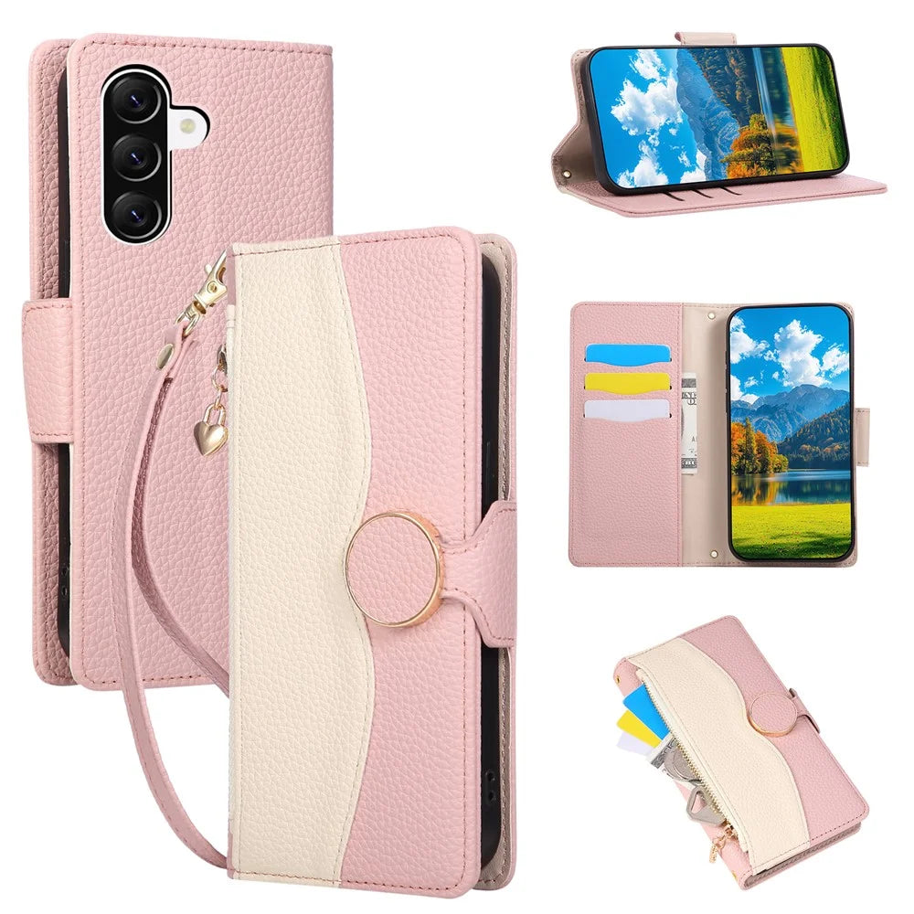 For Samsung Galaxy A56 5G Case Zipper Wallet Color Splicing TPU PU Leather Flip Phone Cover with Strap - Pink - 1