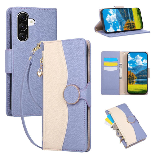For Samsung Galaxy A27 5G Case Zipper Wallet Color Splicing TPU PU Leather Flip Phone Cover with Strap - Purple - 1