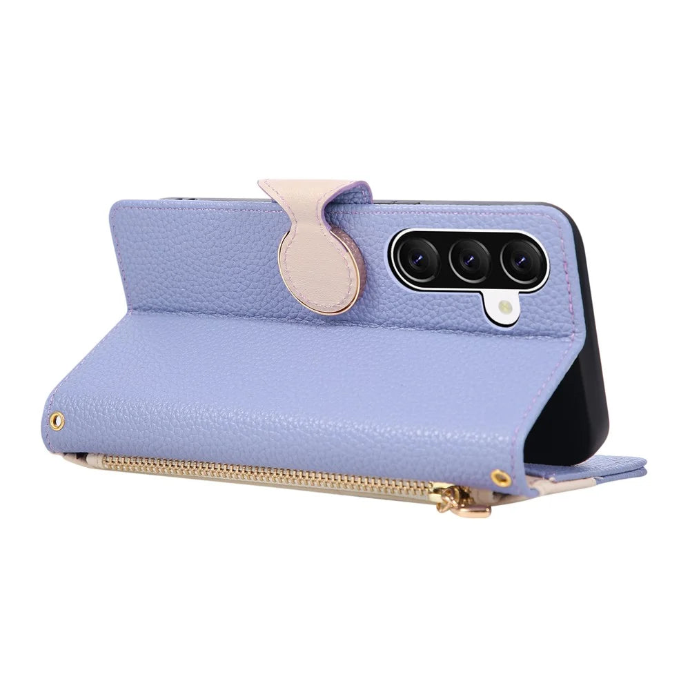 For Samsung Galaxy A27 5G Case Zipper Wallet Color Splicing TPU PU Leather Flip Phone Cover with Strap - Purple - 4