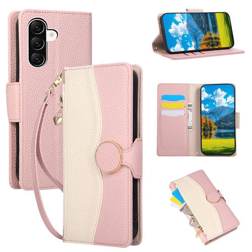For Samsung Galaxy A37 5G Case Zipper Wallet Color Splicing TPU PU Leather Flip Phone Cover with Strap - Pink - 1
