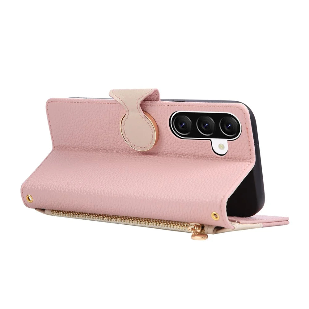 For Samsung Galaxy A37 5G Case Zipper Wallet Color Splicing TPU PU Leather Flip Phone Cover with Strap - Pink - 4