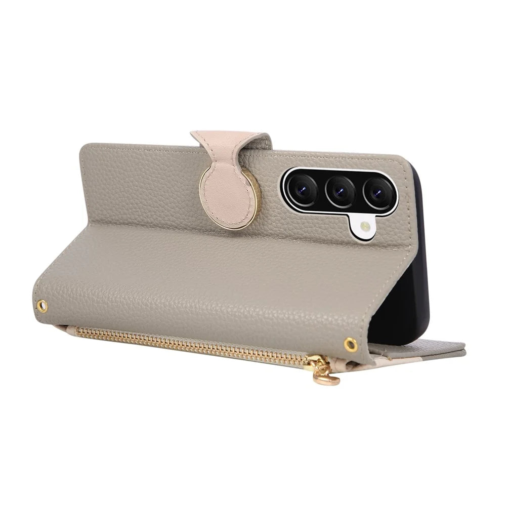 For Samsung Galaxy A57 5G Case Zipper Wallet Color Splicing TPU PU Leather Flip Phone Cover with Strap - Grey - 4
