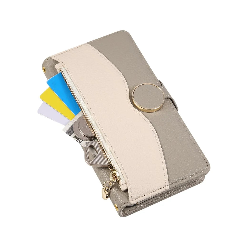 For Samsung Galaxy A57 5G Case Zipper Wallet Color Splicing TPU PU Leather Flip Phone Cover with Strap - Grey - 5