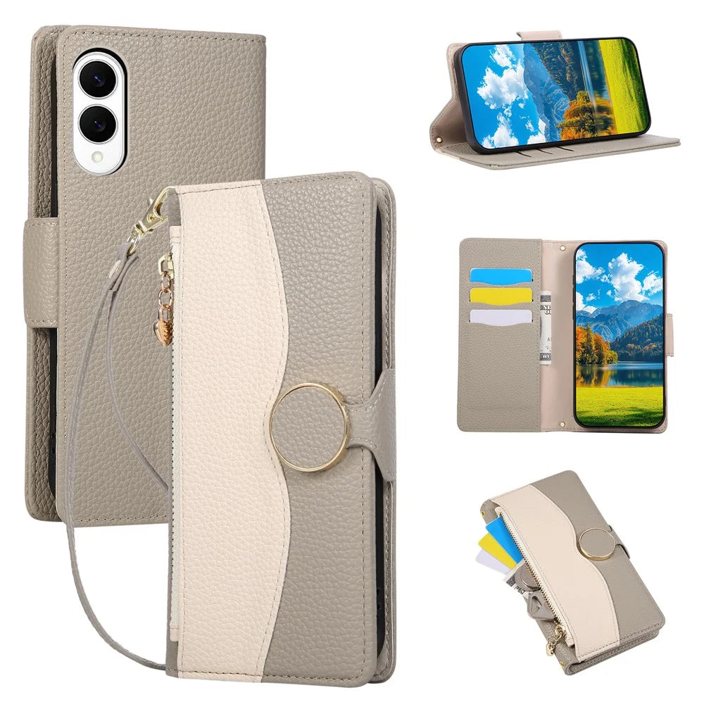 For Samsung Galaxy S25 Edge Case Zipper Wallet Color Splicing TPU PU Leather Flip Phone Cover with Strap - Grey - 1