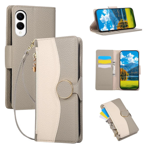 For Samsung Galaxy S25 Edge Case Zipper Wallet Color Splicing TPU PU Leather Flip Phone Cover with Strap - Grey - 1