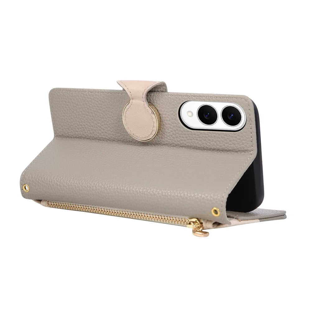 For Samsung Galaxy S25 Edge Case Zipper Wallet Color Splicing TPU PU Leather Flip Phone Cover with Strap - Grey - 4