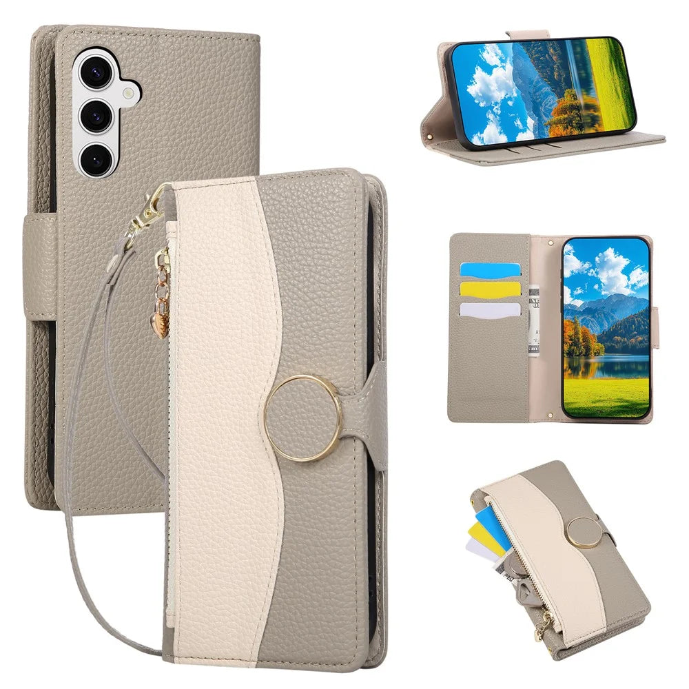 For Samsung Galaxy S25 FE Case Zipper Wallet Color Splicing TPU PU Leather Flip Phone Cover with Strap - Grey - 1