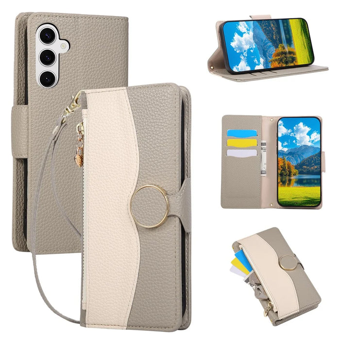 For Samsung Galaxy S25+ Case Zipper Wallet Color Splicing TPU PU Leather Flip Phone Cover with Strap - Grey - 1