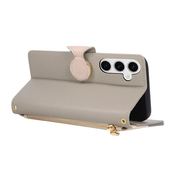 For Samsung Galaxy S25+ Case Zipper Wallet Color Splicing TPU PU Leather Flip Phone Cover with Strap - Grey - 4