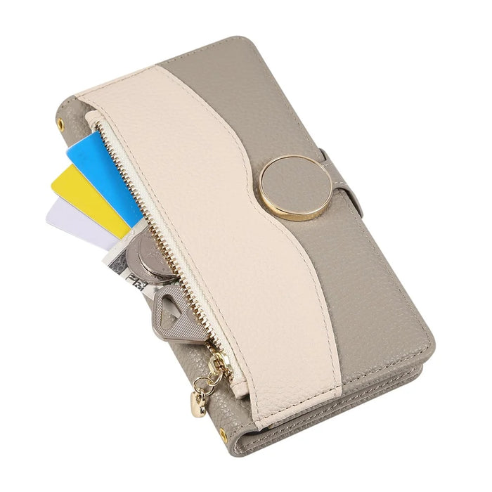 For Samsung Galaxy S25+ Case Zipper Wallet Color Splicing TPU PU Leather Flip Phone Cover with Strap - Grey - 5
