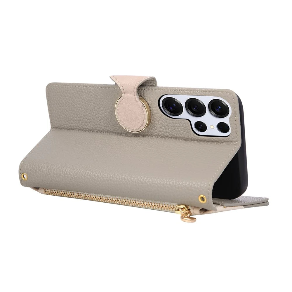 For Samsung Galaxy S25 Ultra Case Zipper Wallet Color Splicing TPU PU Leather Flip Phone Cover with Strap - Grey - 4