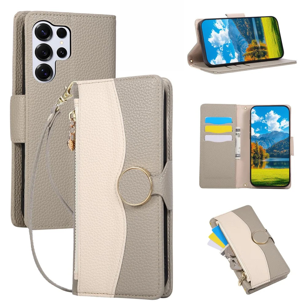 For Samsung Galaxy S26 Ultra Case Zipper Wallet Color Splicing TPU PU Leather Flip Phone Cover with Strap - Grey - 1