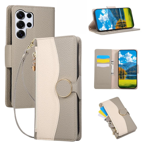 For Samsung Galaxy S26 Ultra Case Zipper Wallet Color Splicing TPU PU Leather Flip Phone Cover with Strap - Grey - 1
