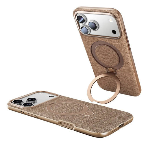 JAUCASE For iPhone 17 Pro Magnetic Case Linen Texture Rotary Ring Kickstand PC + TPU Phone Cover - Champagne Gold - 1